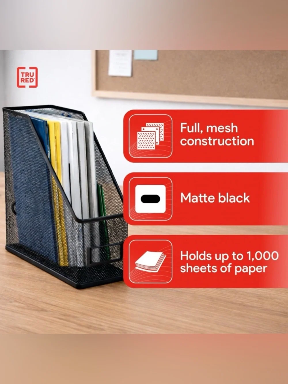 NEW! Tru Red Metal Magazine File Organizer Holder Matte Black Handle 1000 Sheets